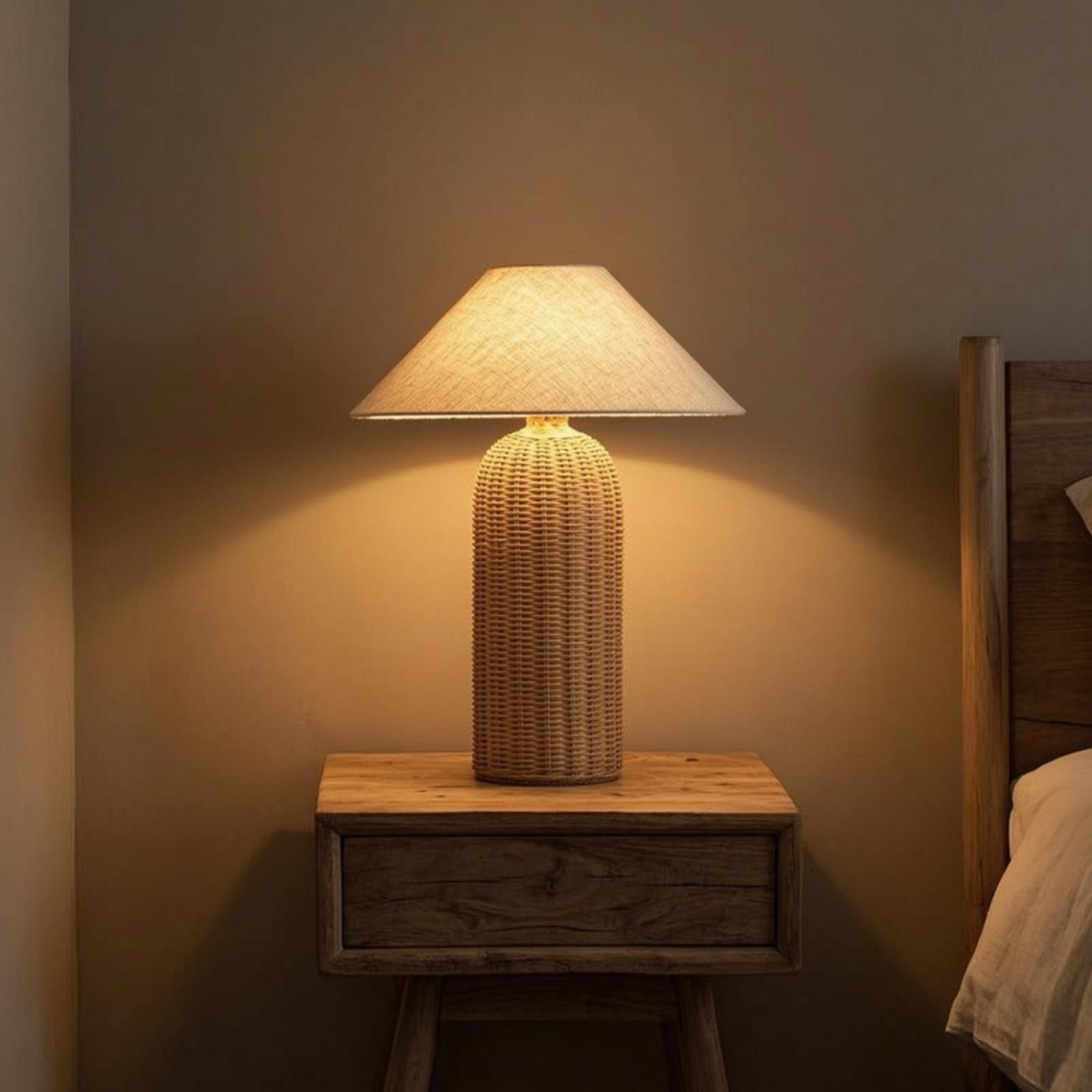 Lighting Decor Living Room - Nachttischlampe mit Rattanfuß und Stoffschirm, Dekorative