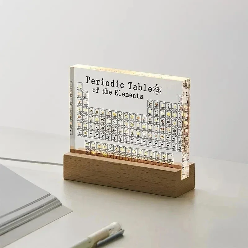 Elements Lighting Decor - Mendelejew-Periodensystem Acryl-Druck mit Holz-Lichtbasis - Wissenschaftsgeschenkidee
